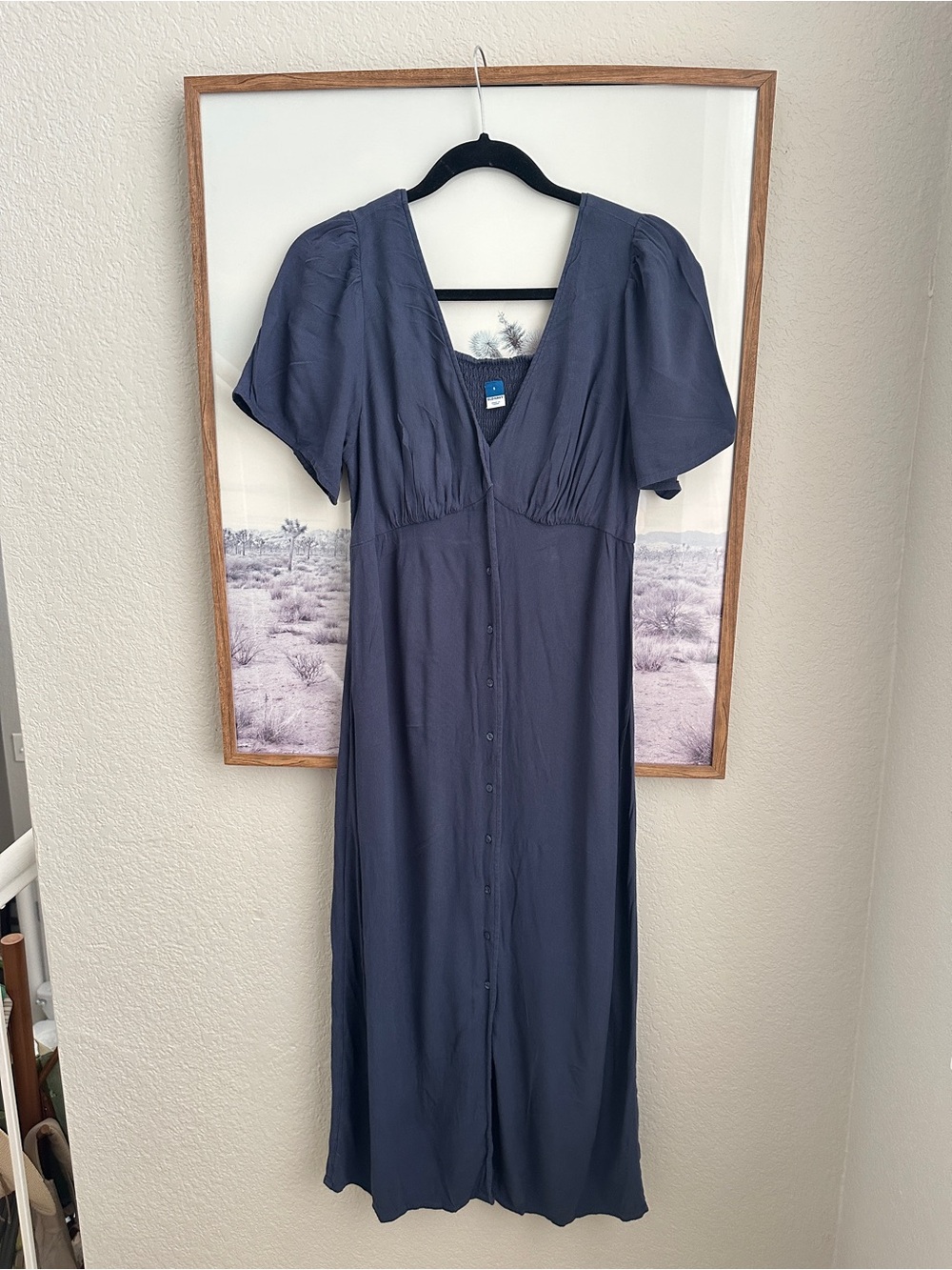 Old Navy Navy Blue Smocked Button Front Midi Maxi Dress Size S Rayon